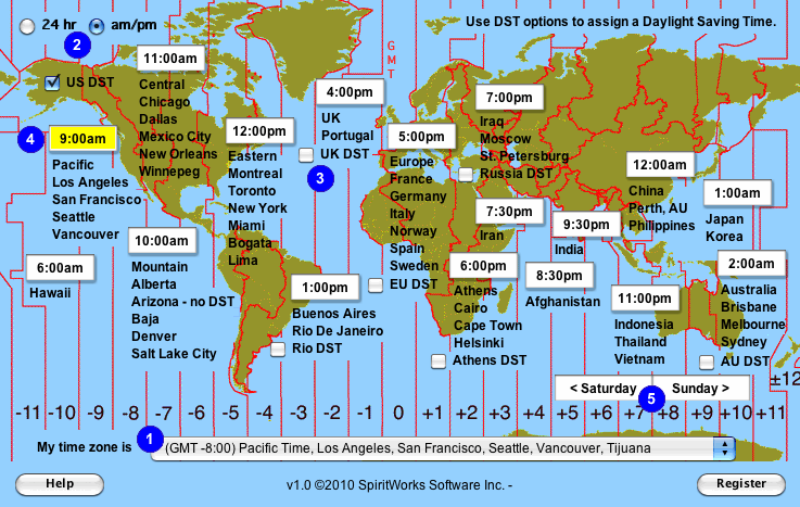 This World Time Map shows time zone difference between international worldwide time zones around the world